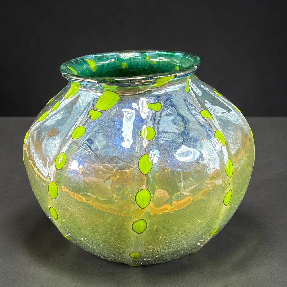 Studio Art Glass Iridescent Polka Dot Vase Blue Green Yellow Hand Blown Signed